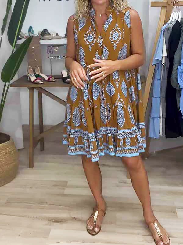 MODEGEIST Damen Mini-Kleid Boho Print V-Ausschnitt Ärmellos