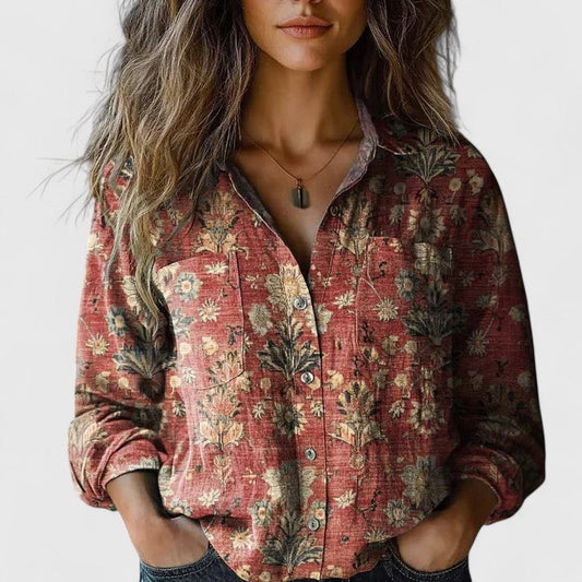 MODEGEIST Damen Bluse Langarm Blumenmuster Herbstfarben Knopfleiste