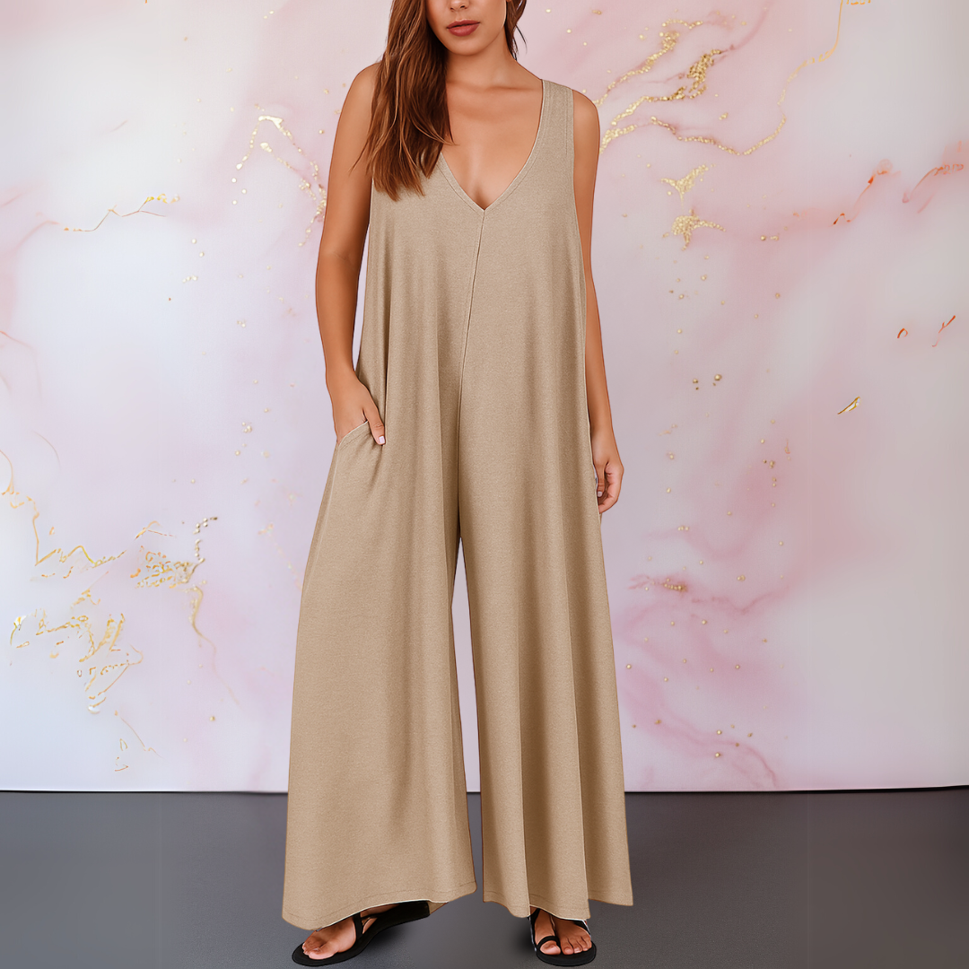 MODEGEIST Damen Overall ärmellos V-Ausschnitt weite Beine schwarz