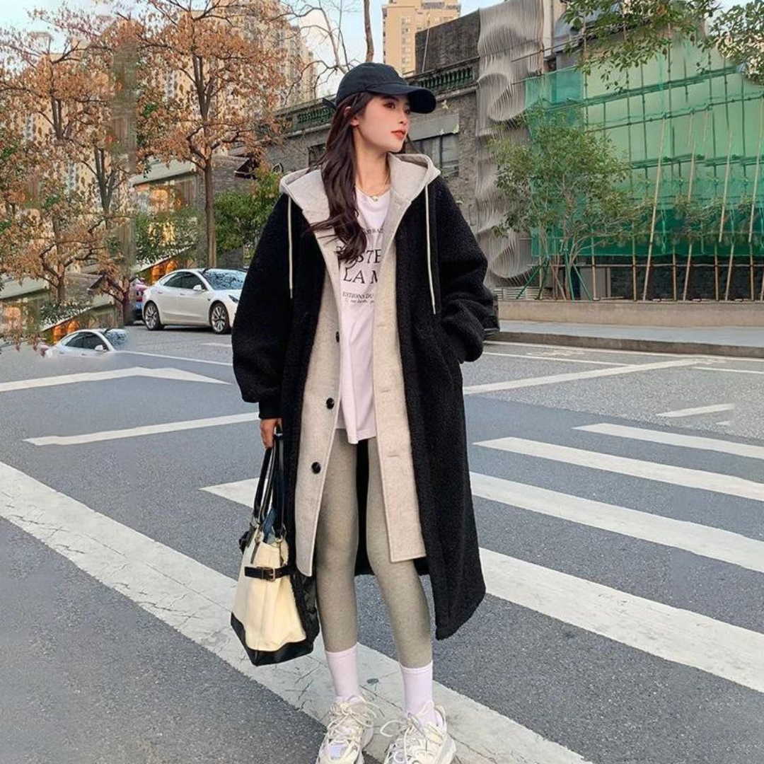 ModeGeist | Winter Lange Kapuzen Oversize Jacke Knopf Leiste