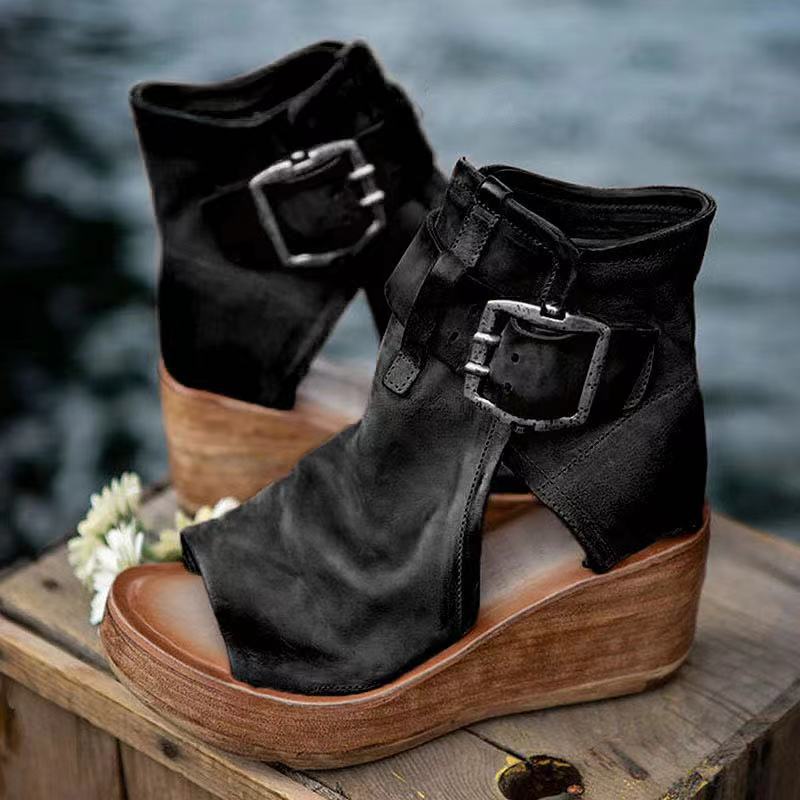 MODEGEIST Damen Keilabsatz Sandalen Schnalle Boho-Design Sommerschuhe