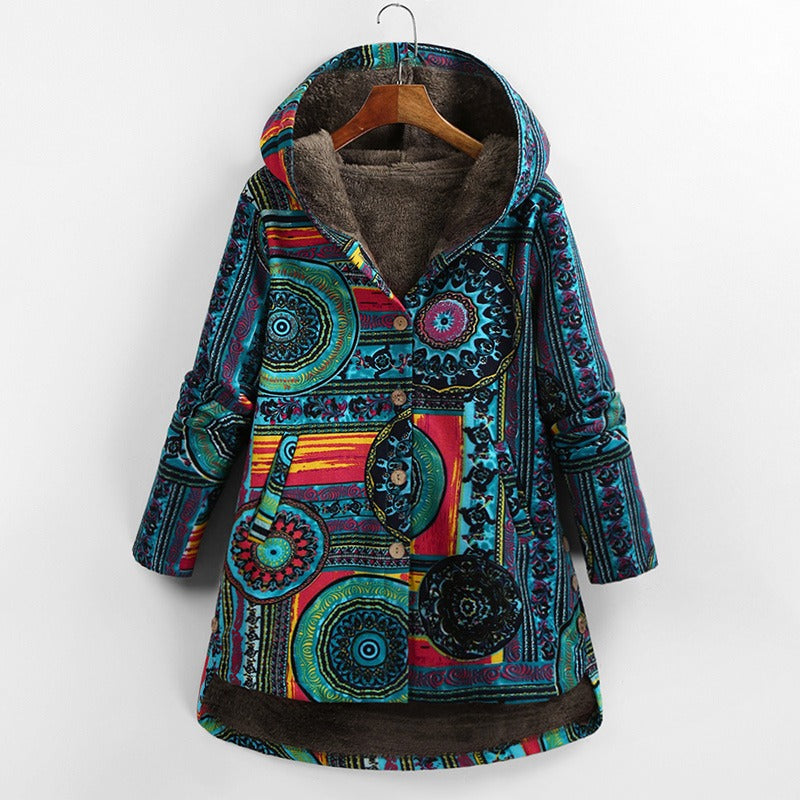 Baumwolljacke mit Kapuze und ethnischem Blumenmuster (Calanthe)