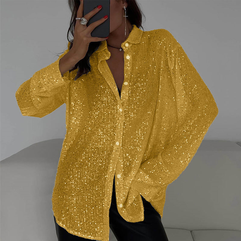 Modisches, langärmliges Pailletten-Shirt mit Revers von Fudus – perfekt für Partys und Streetstyle