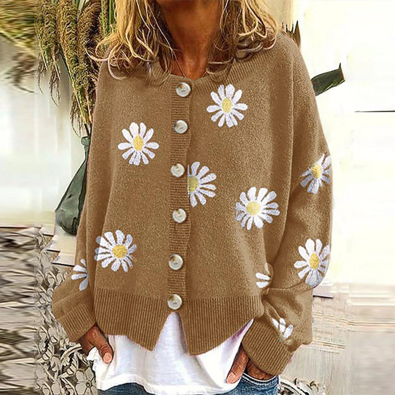 ModeGeist | Strickjacke - Damen Herbst Blumen Knopf-Überzieh Strickjacke