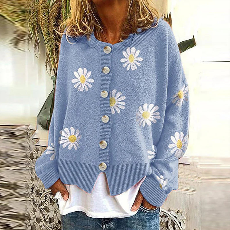 ModeGeist | Strickjacke - Damen Herbst Blumen Knopf-Überzieh Strickjacke