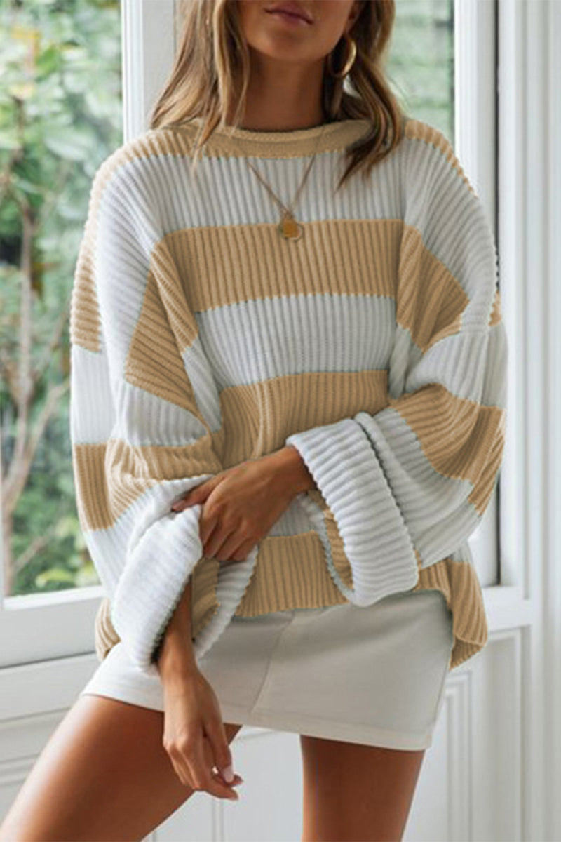 ModeGeist | Modische süße gestreifte Kontrast-O-Ausschnitt Pullover