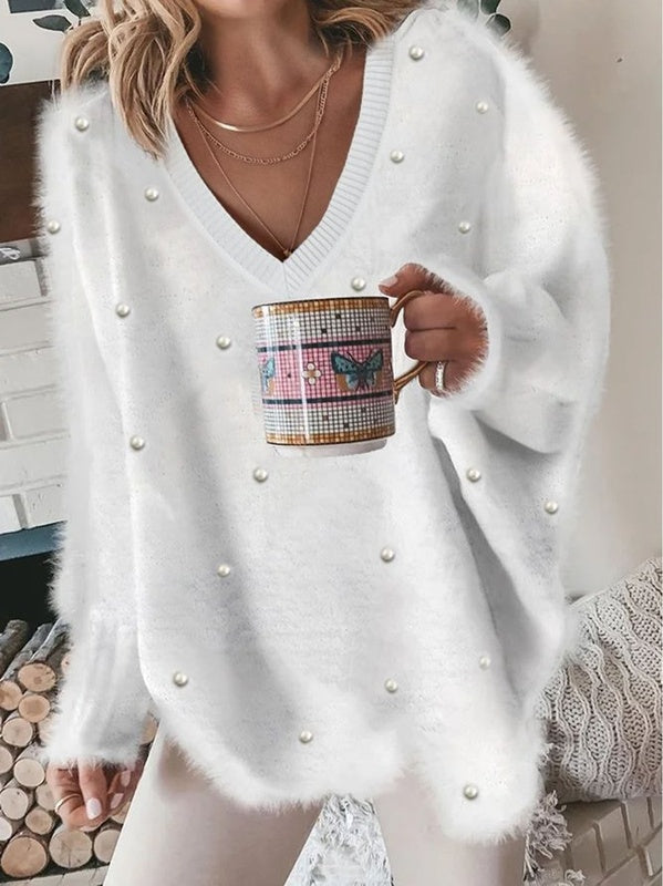 Damen-Pullover mit langen Ärmeln und Perlen, flauschig weich
