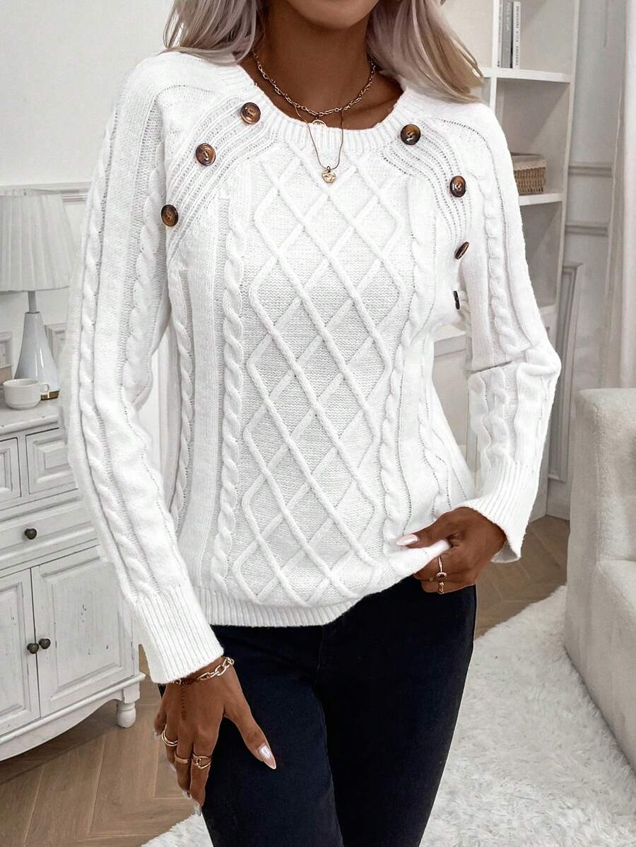 MODEGEIST Damen Zopfstrick-Pullover Knopfdetails kuschelig