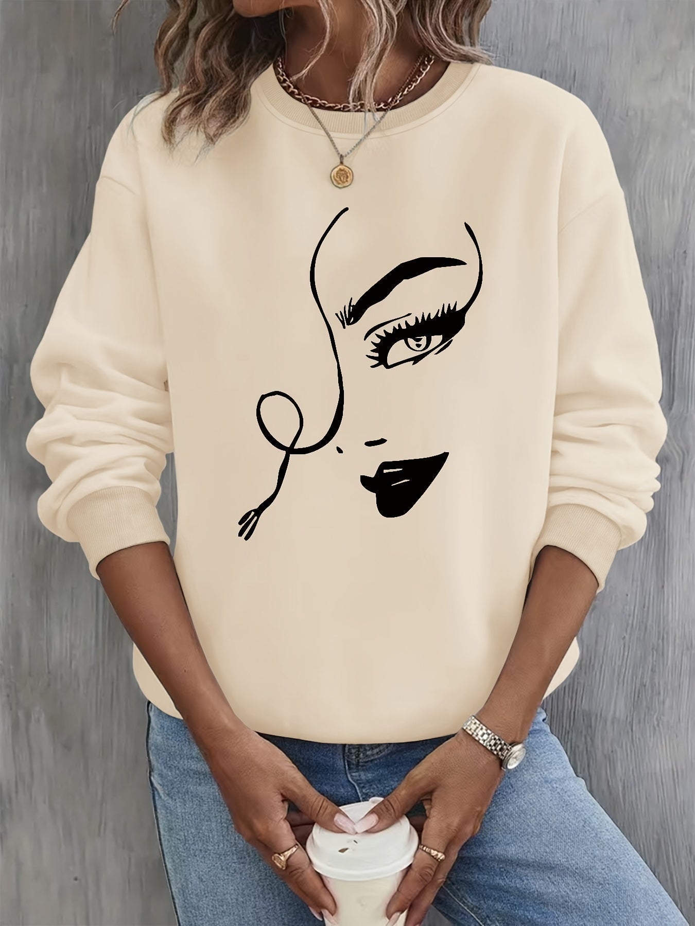 ModeGeist | Sweatshirt mit Künstlerischem Gesicht Baumwolle Trendy und Bequem