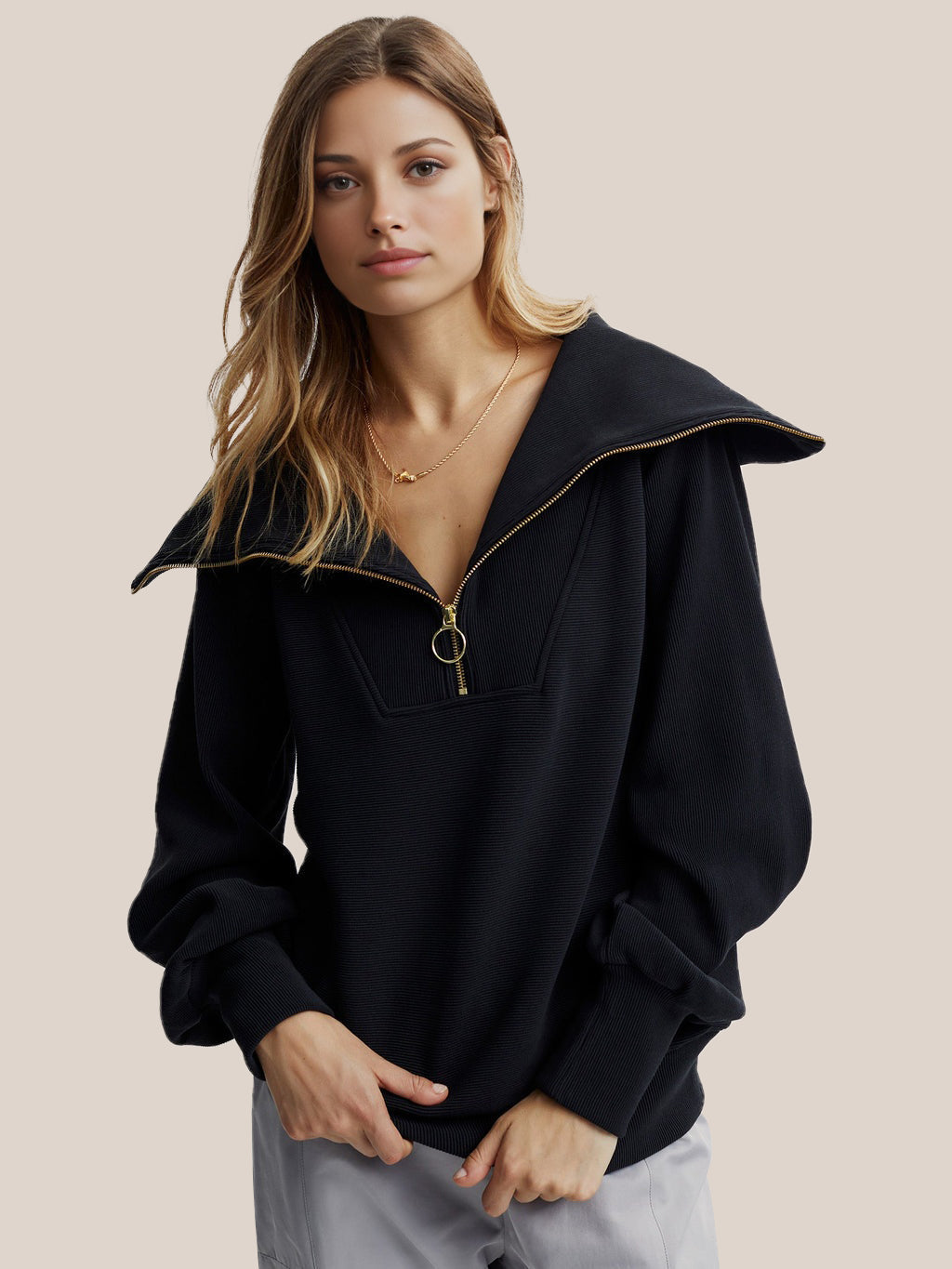 ModeGeist | Half-zip Bluse Baumwolle Modern, Komfortabel