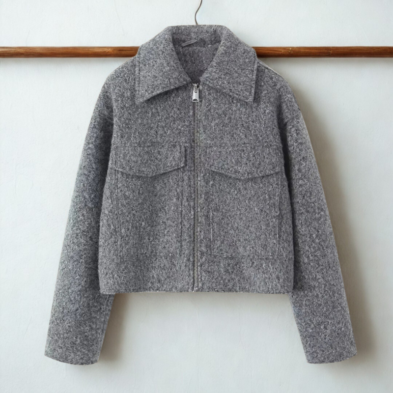 ModeGeist | Fit Damen Kurzjacke mit Spitzem Kragen und Frontreißverschluss