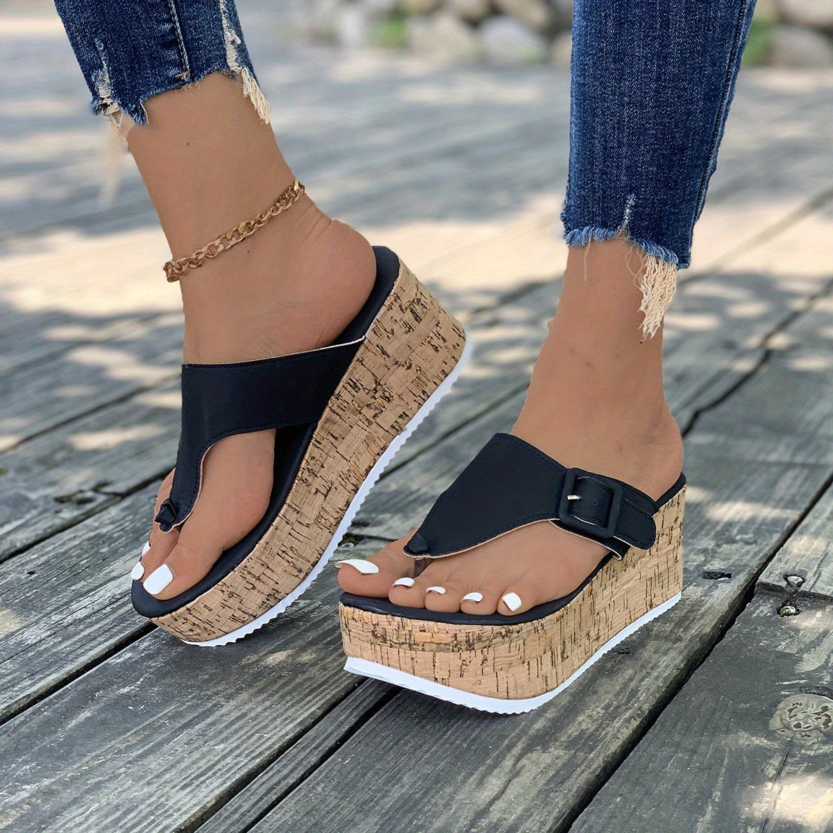 Veradisia Damen Sandalen mit weißem Korkkeilabsatz