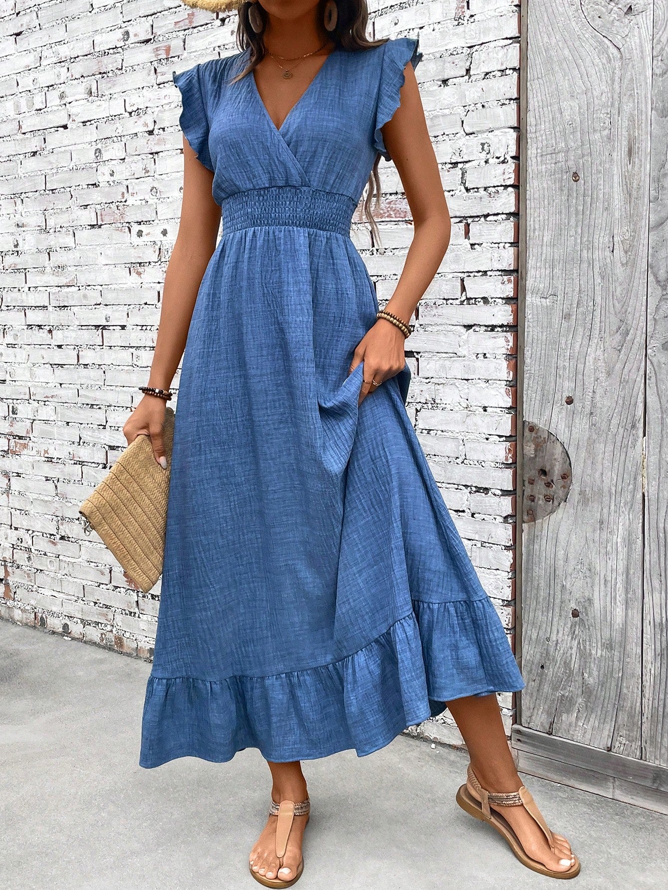 MODEGEIST Damen Maxi-Kleid V-Ausschnitt Smok-Taille Hellblau