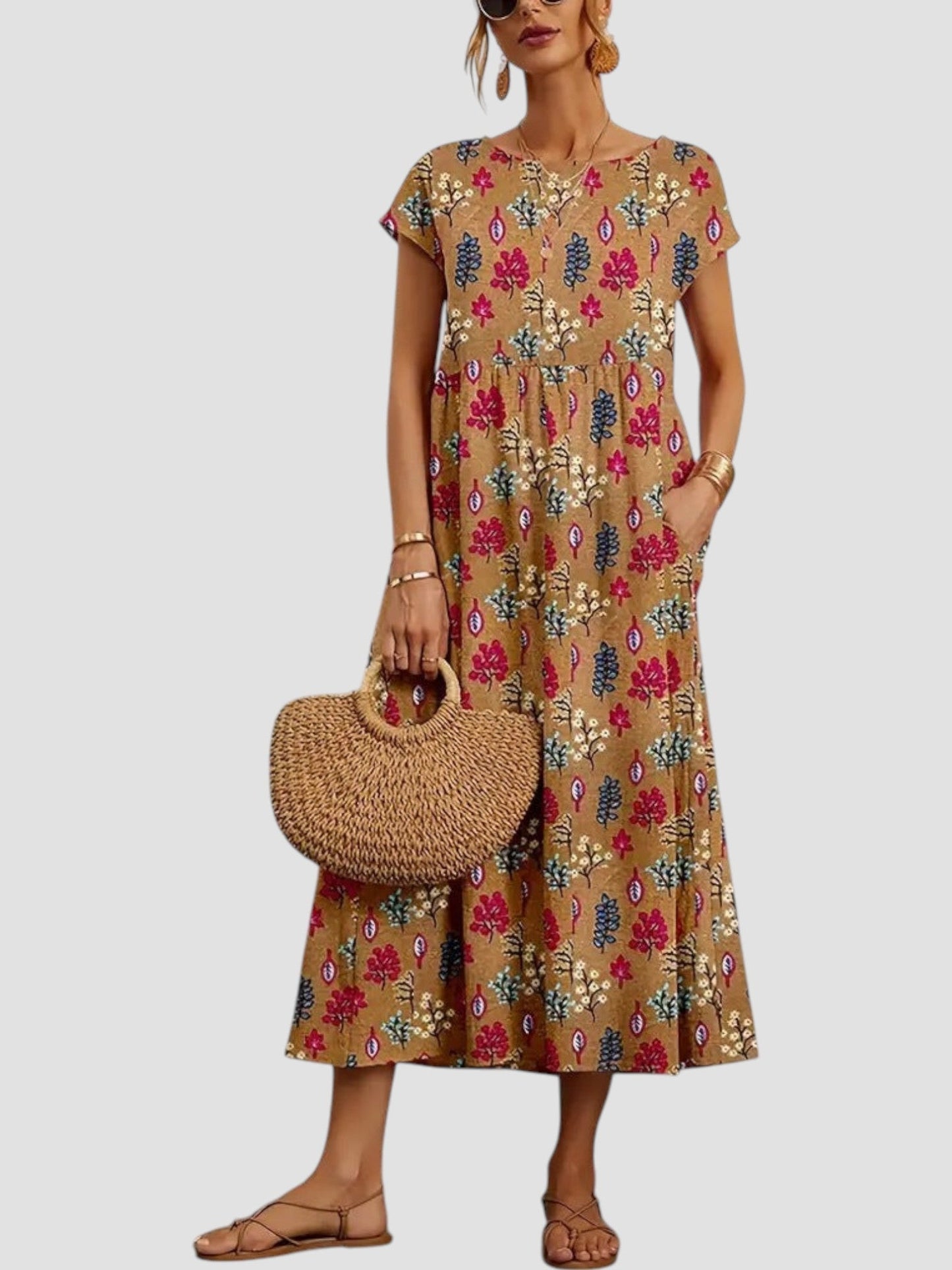 MODEGEIST Damen Vintage Maxi-Kleid ärmellos fließend Blumenmuster Sommer