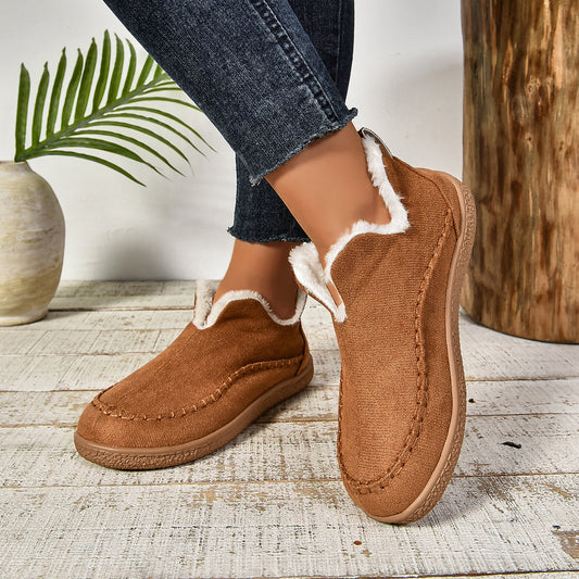 MODEGEIST Damen Ankle Boots Slip-On Fellbesatz Dicke Sohle