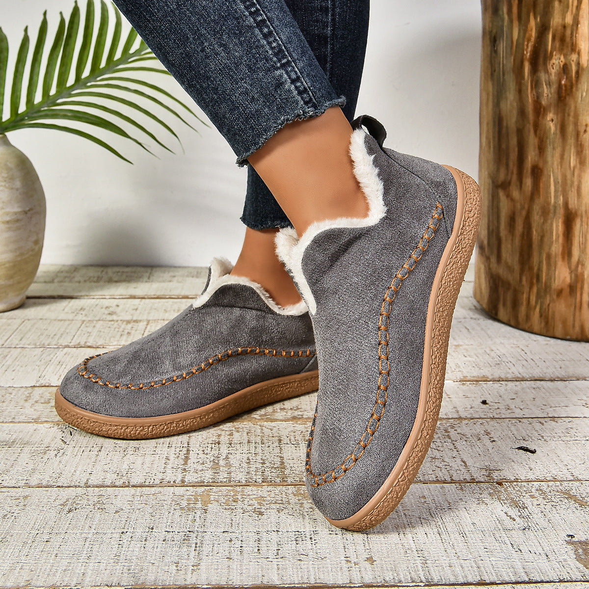 MODEGEIST Damen Ankle Boots Slip-On Fellbesatz Dicke Sohle