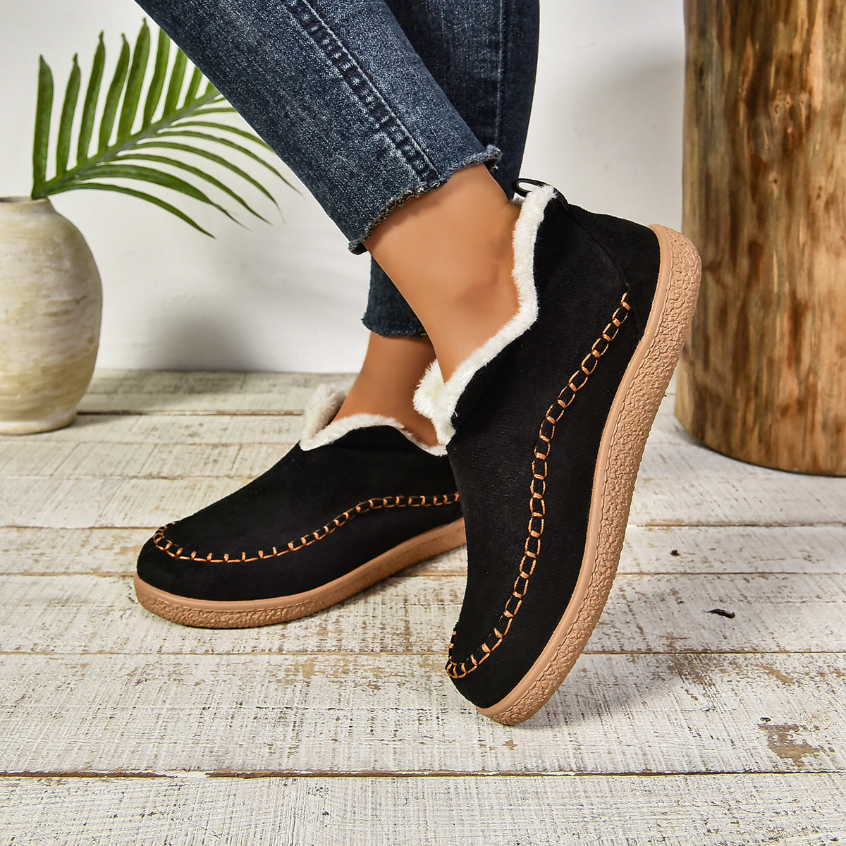 MODEGEIST Damen Ankle Boots Slip-On Fellbesatz Dicke Sohle