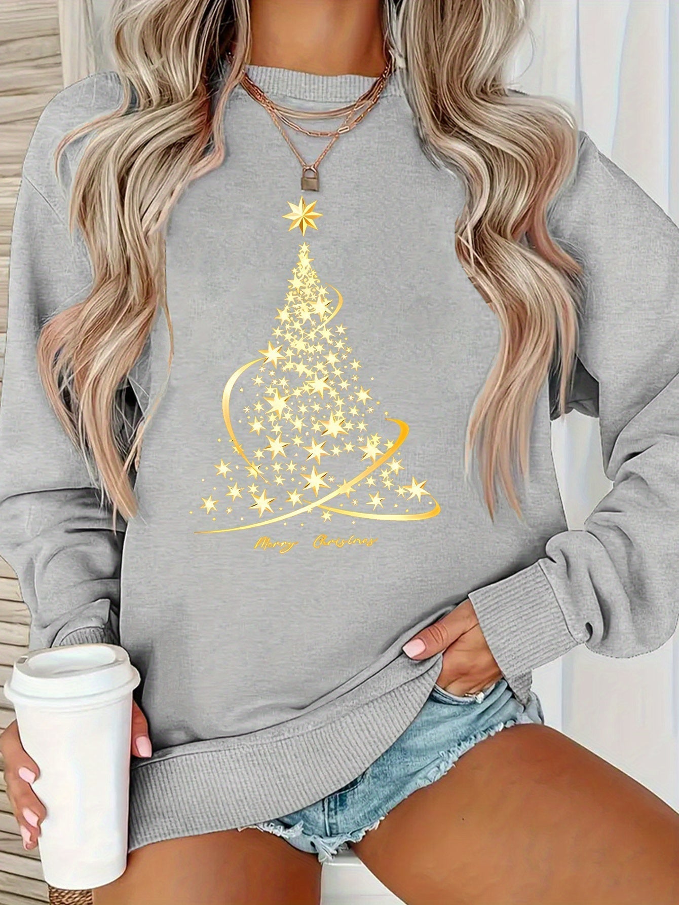 ModeGeist | Jul Sweatshirt mit Print Baumwolle Goldener Weihnachtsbaum Design