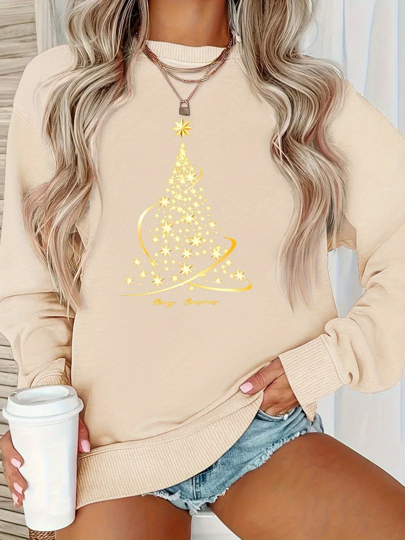 ModeGeist | Jul Sweatshirt mit Print Baumwolle Goldener Weihnachtsbaum Design