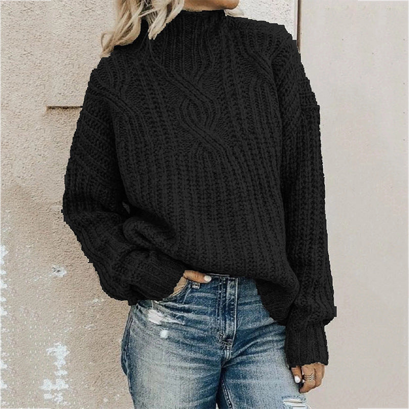 Damen Grober Strickpullover mit hohem Kragen und Zopfmuster ModeGeist