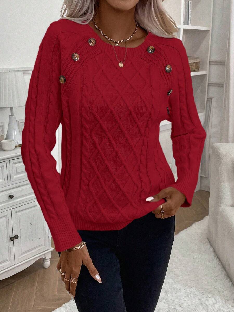 MODEGEIST Damen Zopfstrick-Pullover Knopfdetails kuschelig Grau