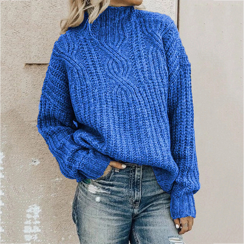 Damen Grober Strickpullover mit hohem Kragen und Zopfmuster ModeGeist