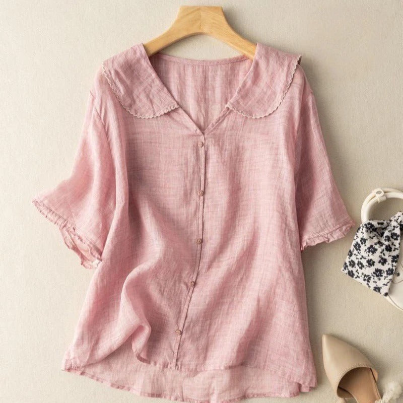 MODEGEIST Damen Vintage-Bluse Klassisch Wellenförmiger Kragen