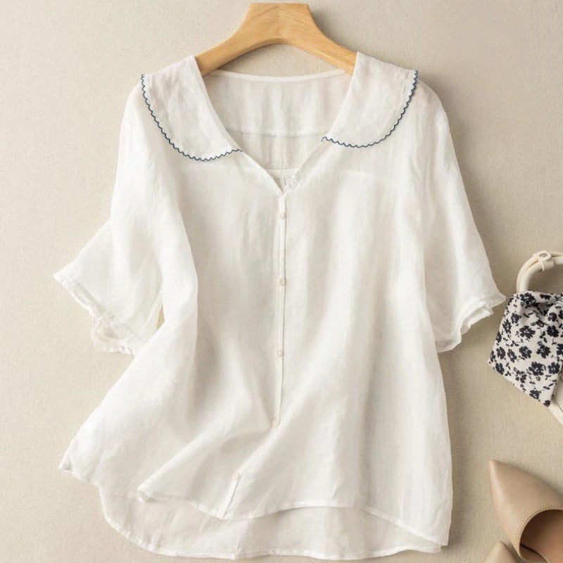 MODEGEIST Damen Vintage-Bluse Klassisch Wellenförmiger Kragen