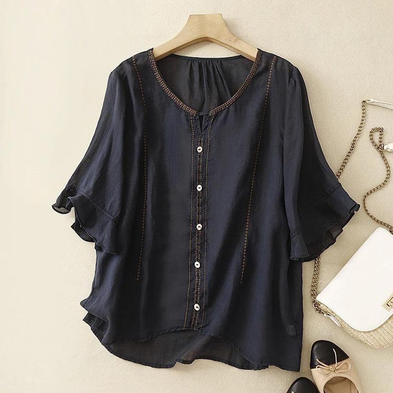 MODEGEIST Damen Bluse Rüschenärmel Stickerei Knöpfe Romantisch