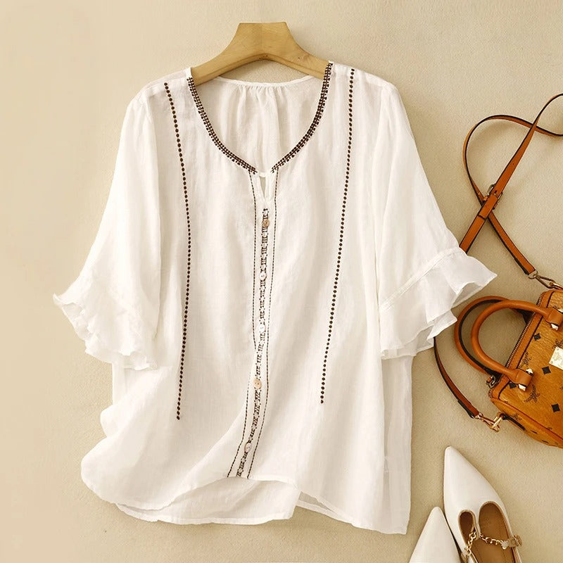 MODEGEIST Damen Bluse Rüschenärmel Stickerei Romantisch