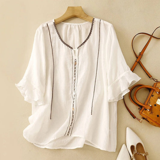 MODEGEIST Damen Bluse Rüschenärmel Stickerei Romantisch