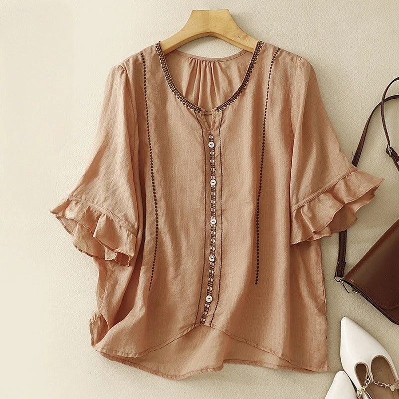 MODEGEIST Damen Bluse Rüschenärmel Stickerei Knöpfe Romantisch