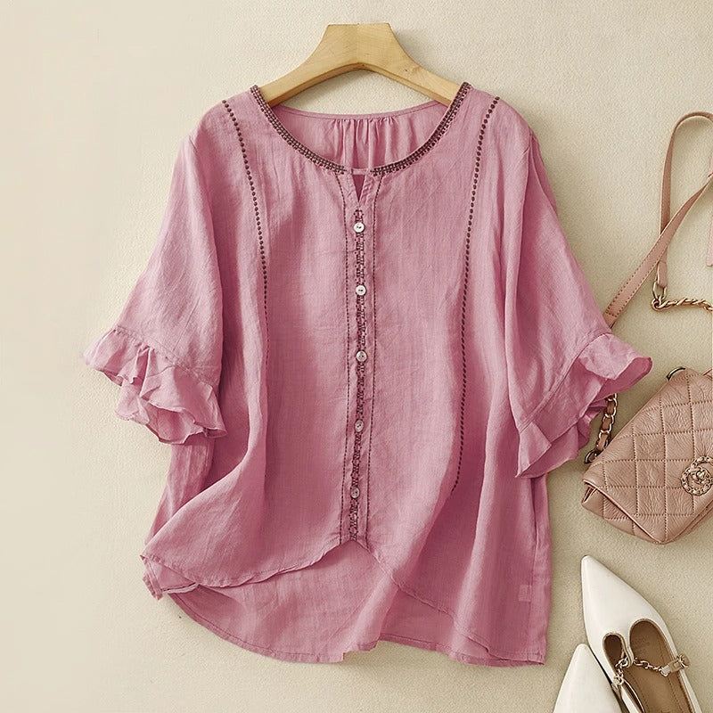 MODEGEIST Damen Bluse Rüschenärmel Stickerei Knöpfe Romantisch