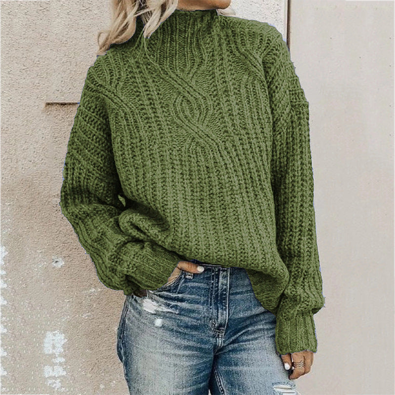 Damen Grober Strickpullover mit hohem Kragen und Zopfmuster ModeGeist