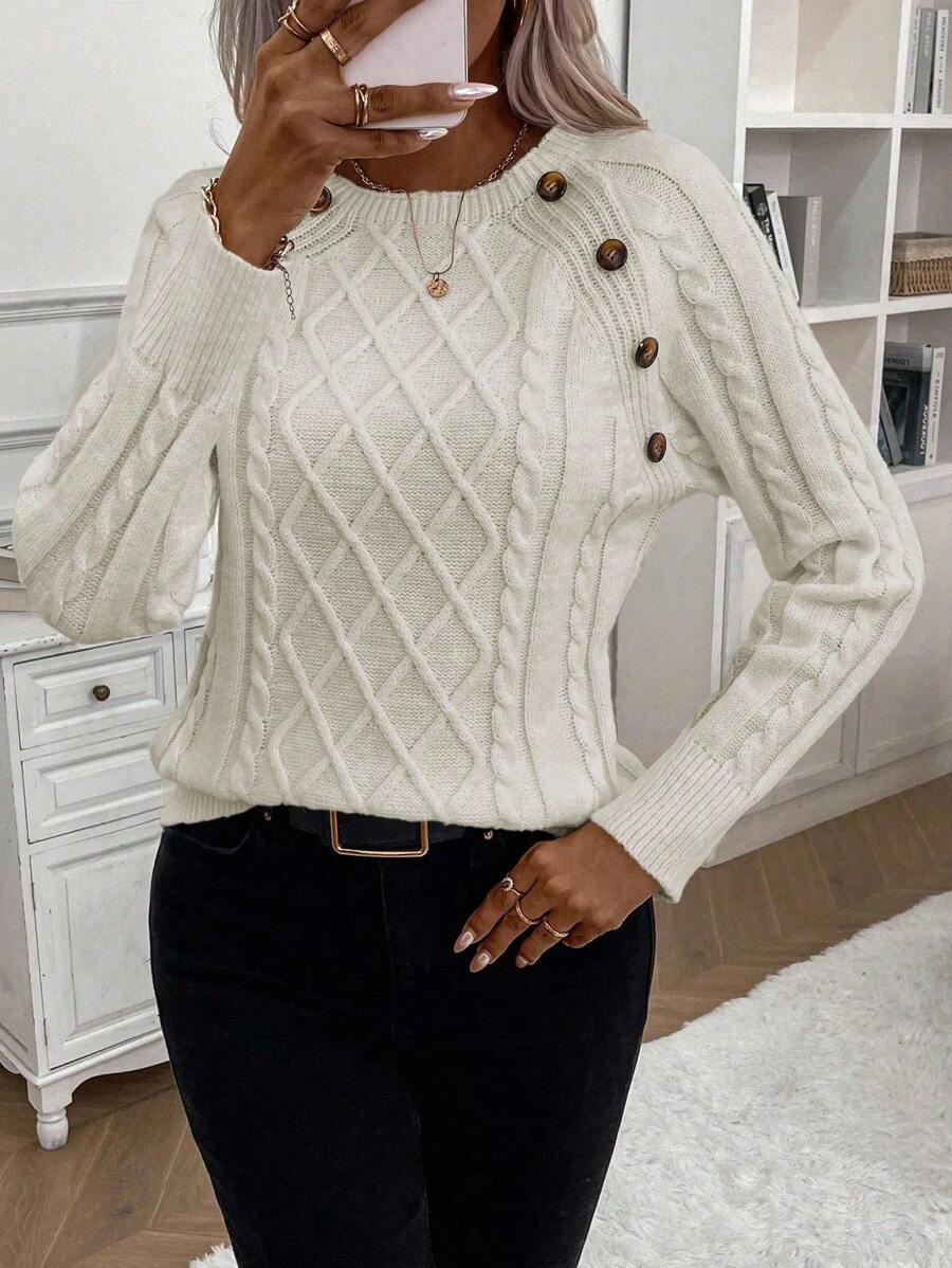 MODEGEIST Damen Zopfstrick-Pullover Knopfdetails kuschelig Grau