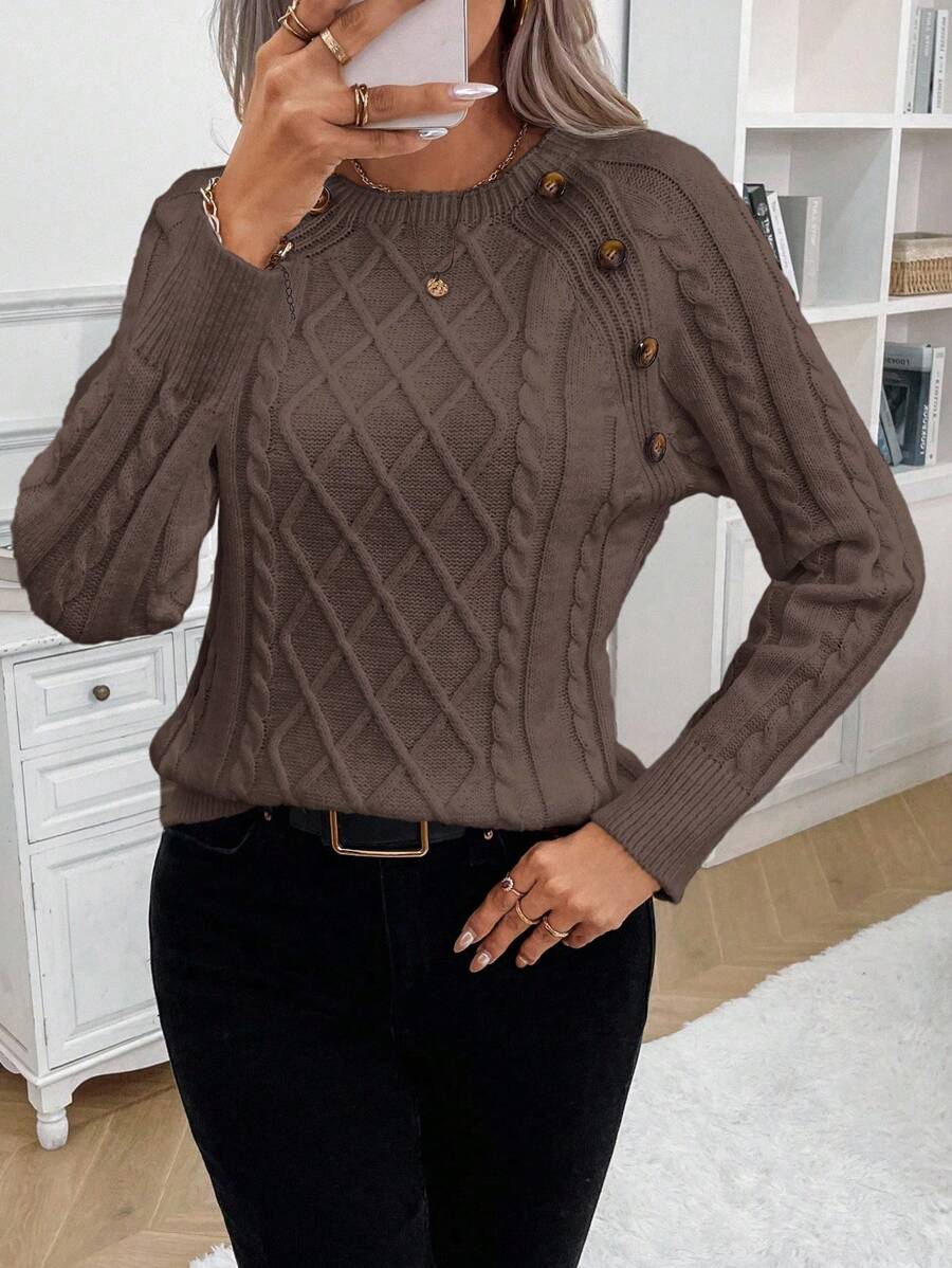MODEGEIST Damen Zopfstrick-Pullover Knopfdetails kuschelig Grau