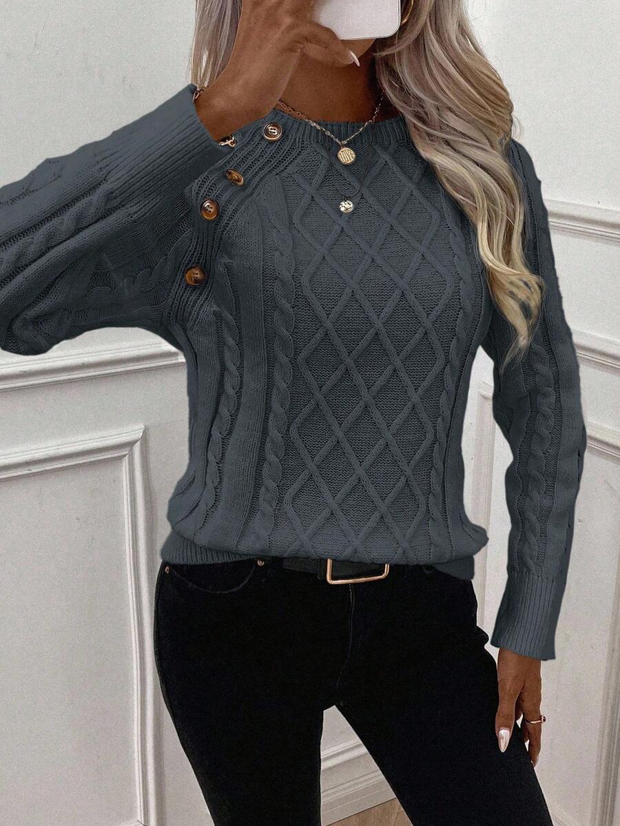 MODEGEIST Damen Zopfstrick-Pullover Knopfdetails kuschelig Grau