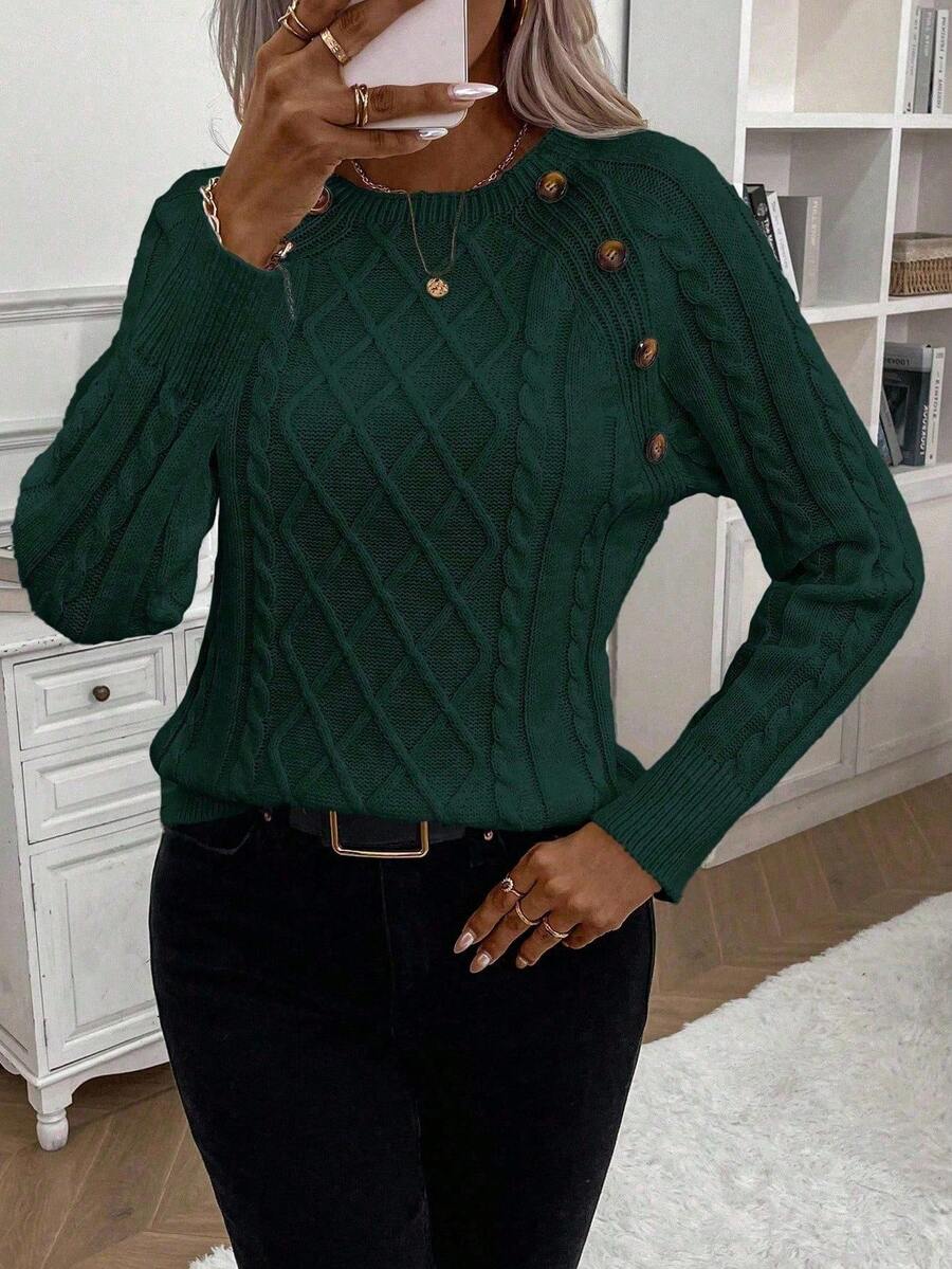 MODEGEIST Damen Zopfstrick-Pullover Knopfdetails kuschelig Grau