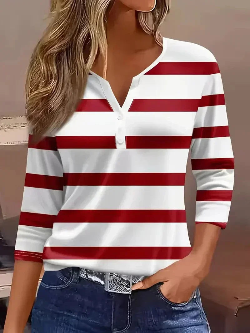 MODEGEIST Damen Gestreiftes Top V-Ausschnitt 3/4-Ärmel