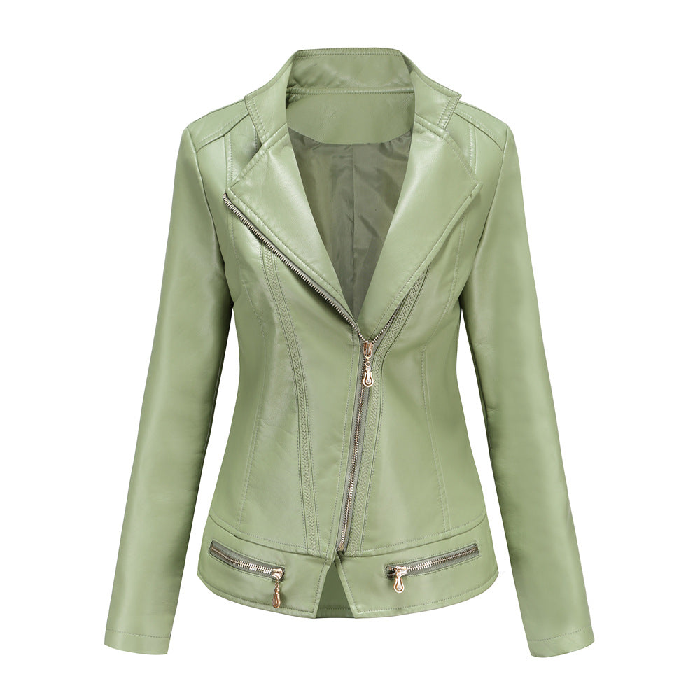 Damen schicke Kunstlederjacke mit tailliertem Schnitt und dekorativen Reißverschlüssen ModeGeist