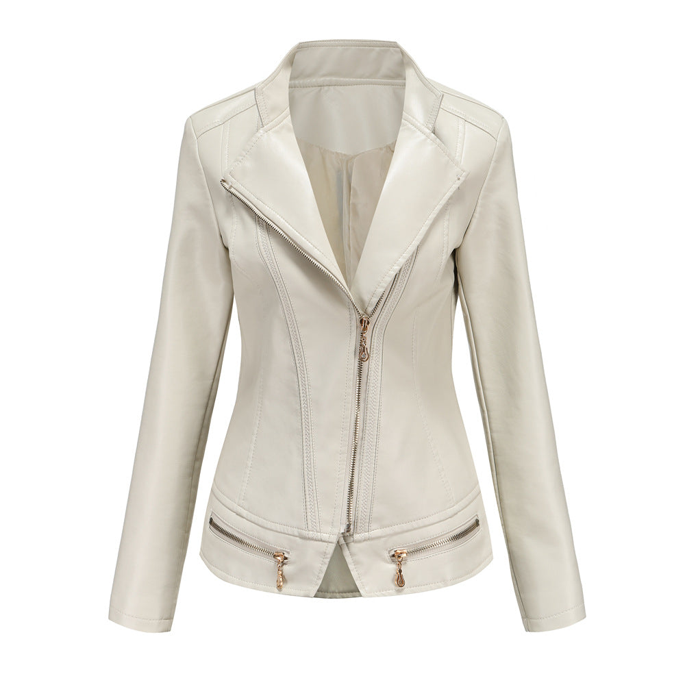 Damen schicke Kunstlederjacke mit tailliertem Schnitt und dekorativen Reißverschlüssen ModeGeist