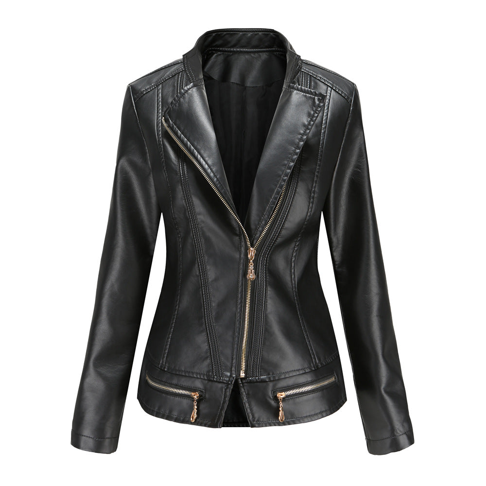 Damen schicke Kunstlederjacke mit tailliertem Schnitt und dekorativen Reißverschlüssen ModeGeist