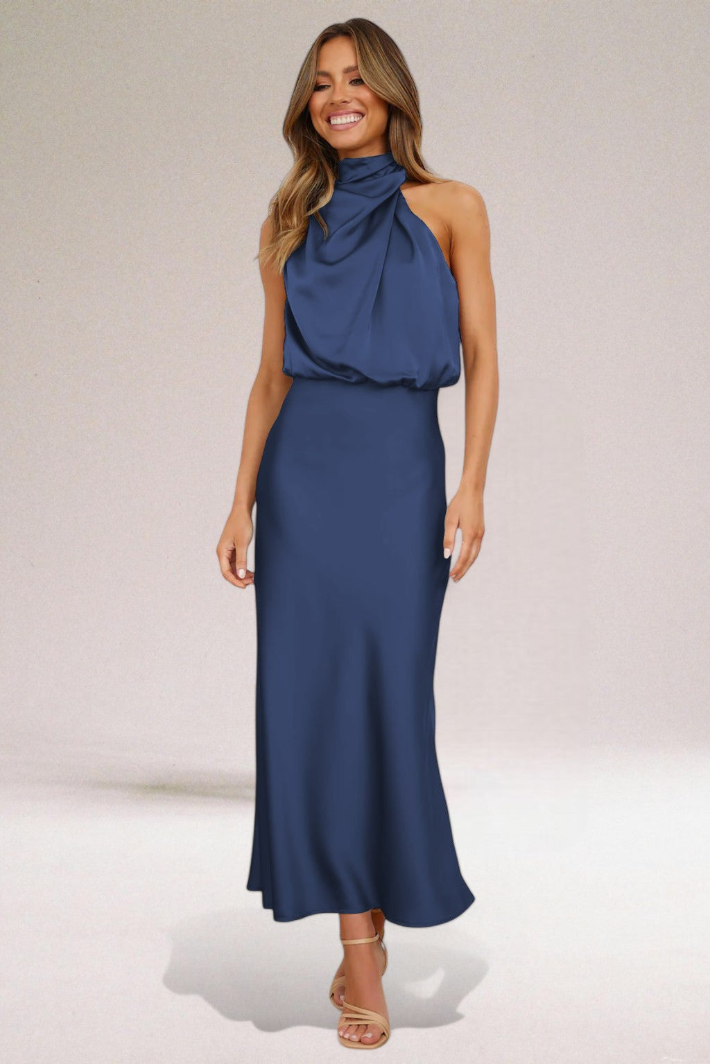 MODEGEIST Damen Neckholder Kleid Fließend Glänzend Elegant Abendkleid