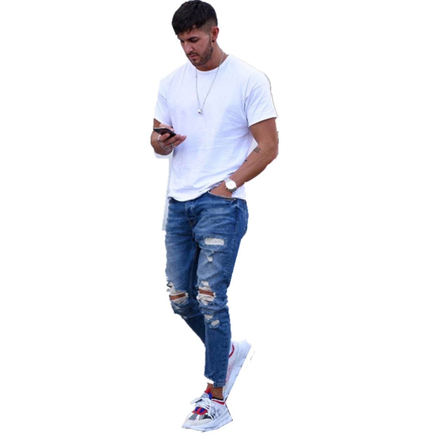 Herren modische Slim Fit Jeans mit angesagten Rissen und Verjüngung ModeGeist