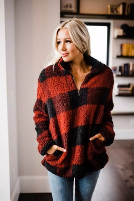 Damen Fleece Pullover mit Karomuster ModeGeist