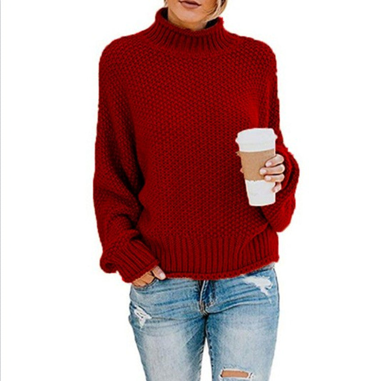 Damen Grobstrickpullover mit hohen Kragen und lockerem Design ModeGeist