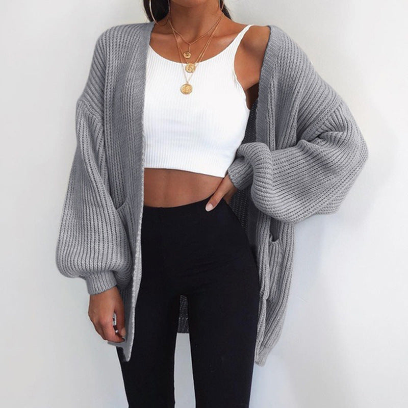 Damen Grobstrick-Cardigan mit weitem Schnitt und lässigen Puffärmeln ModeGeist