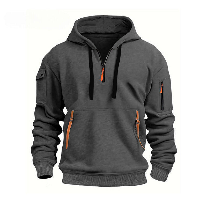 Fudus Kapuzenpullover mit langem Arm, Halb-Reißverschluss und Taschen