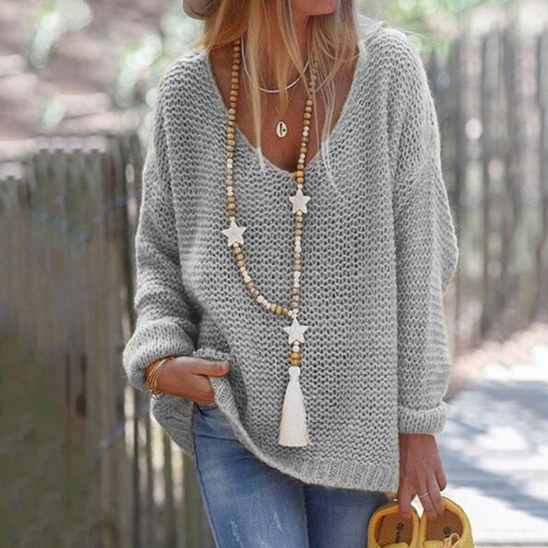 Damen Grobstrickpullover mit tiefem V-Ausschnitt und lässigem Schnitt ModeGeist