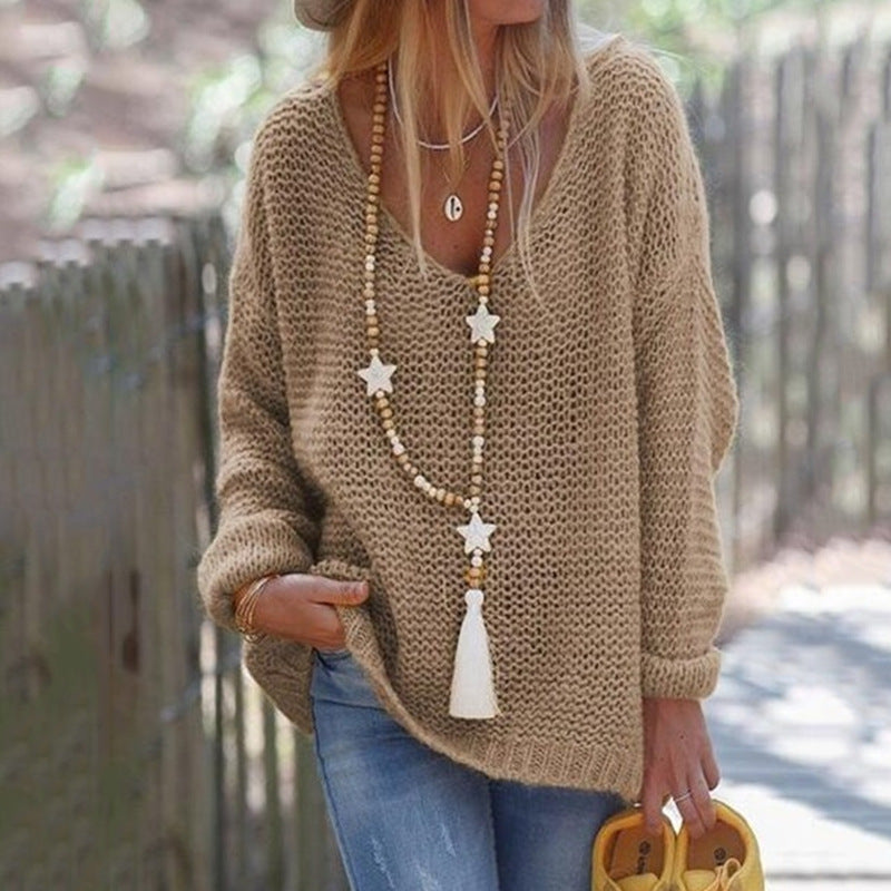 Damen Grobstrickpullover mit tiefem V-Ausschnitt und lässigem Schnitt ModeGeist